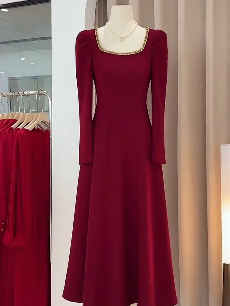 

Элегантное красное свадебное платье для женщин с квадратным вырезом, длинными рукавами, длиной в пол, с драпировкой, для помолвок и торжественных мероприятий.