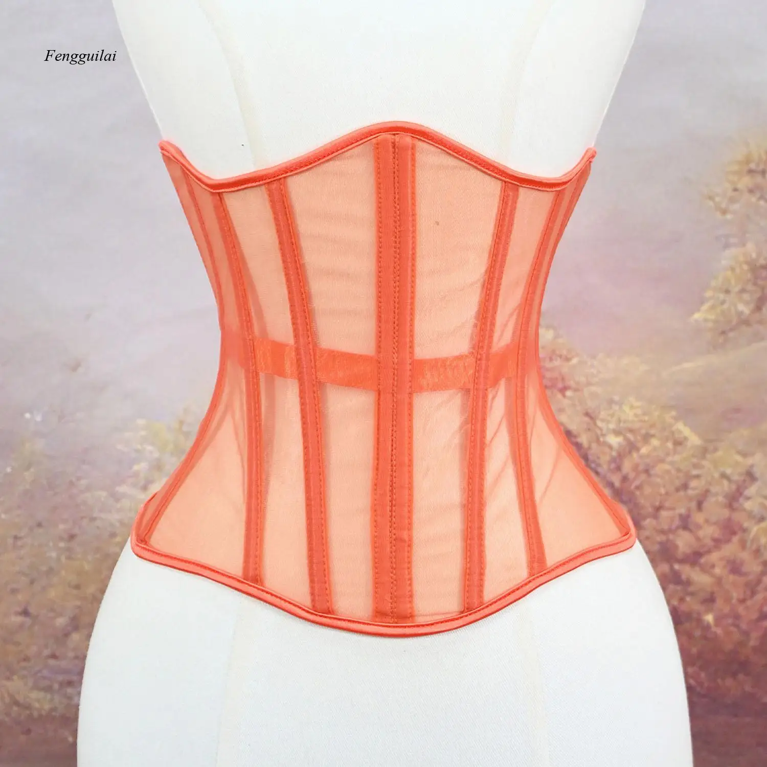 Mid-Length Fish-Bone Belt Waistband Sheer Net Fabric Breathable Thin-Style Corset with 16 Fish-Bones