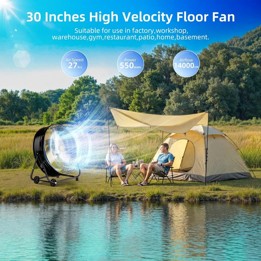 30 Inch High Velocity Heavy Duty Metal Drum Fan,14000 CFM Industrial Floor Fan With 360°Adjustable Tilt,Outdoor Standing Fan