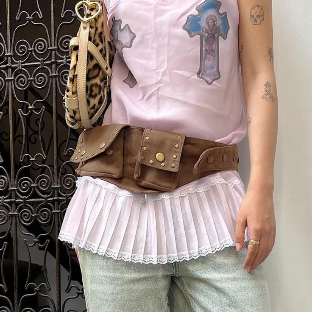 

Waist Bag Alloy Grunge Bum Belt Vintage Jeans Decor Hip-hop Belt Cotton Wide Waistband with Bag Cargo Pants Accessories