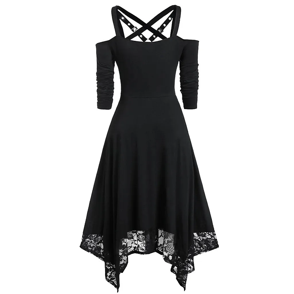 Open Sleeve Half Halloween Plus Women Gothic Dress Shoulder Lace Size Women'S Dress Long Sleeve Womens Swing Dress