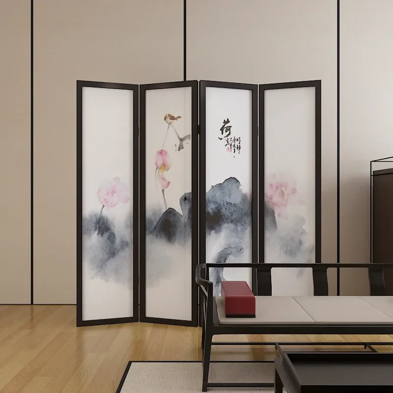 for New Chinese Style Screen Partition Living Room Simple Modern Movable Home Folding Cover Tea Room Decorative Lotus Folding