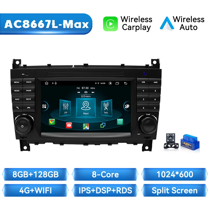 Draadloze Carplay Auto Radio Auto Multimedia Voor Mercedes Benz C-Klasse W203 W209 C180 W219 2004-2011 Android 14 8G + 128GB 2Din GPS