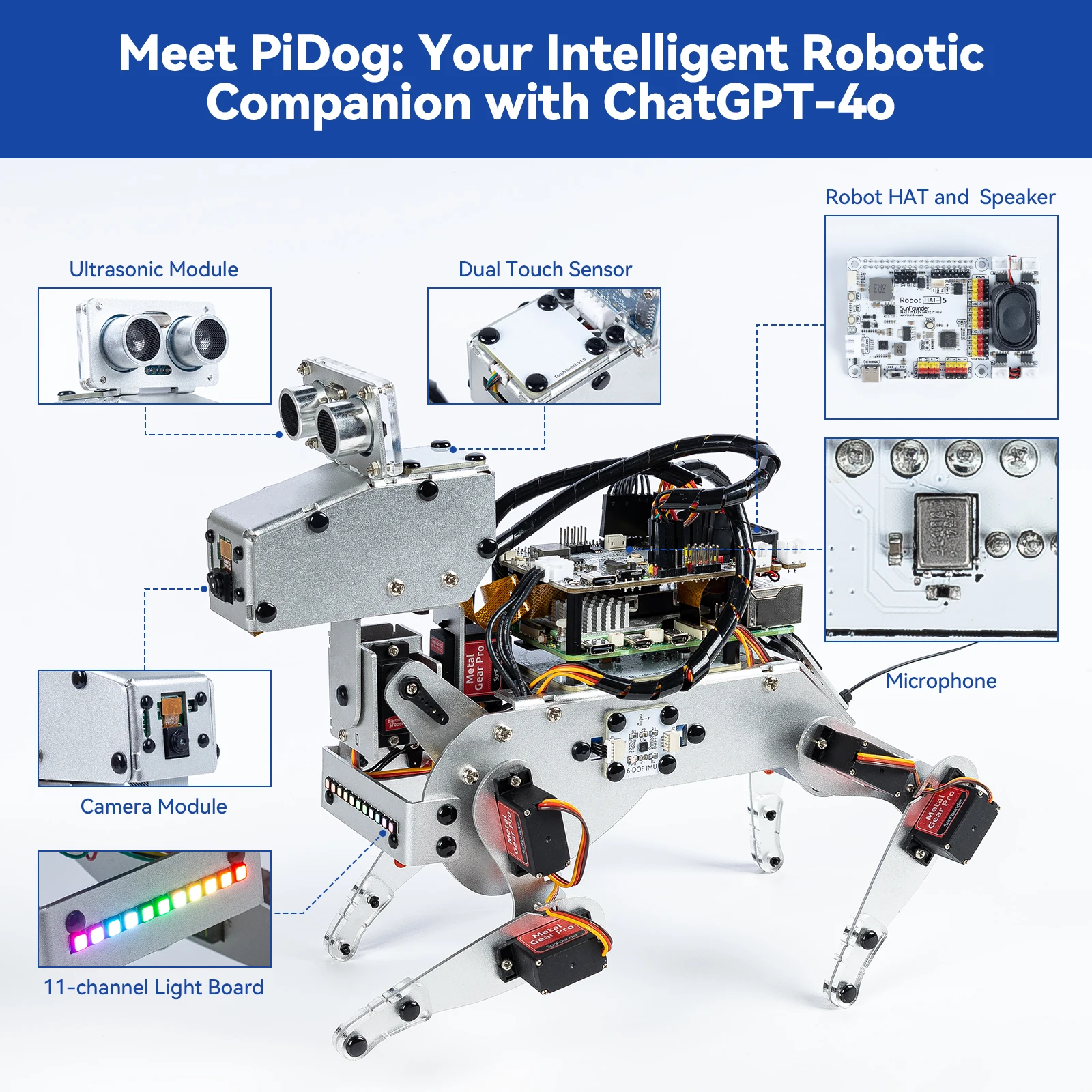 

Robot Dog Kit for RPI, supports ChatGPT-4o, FPV, and App Control (Pi not included), SunFounder Robot Dog
