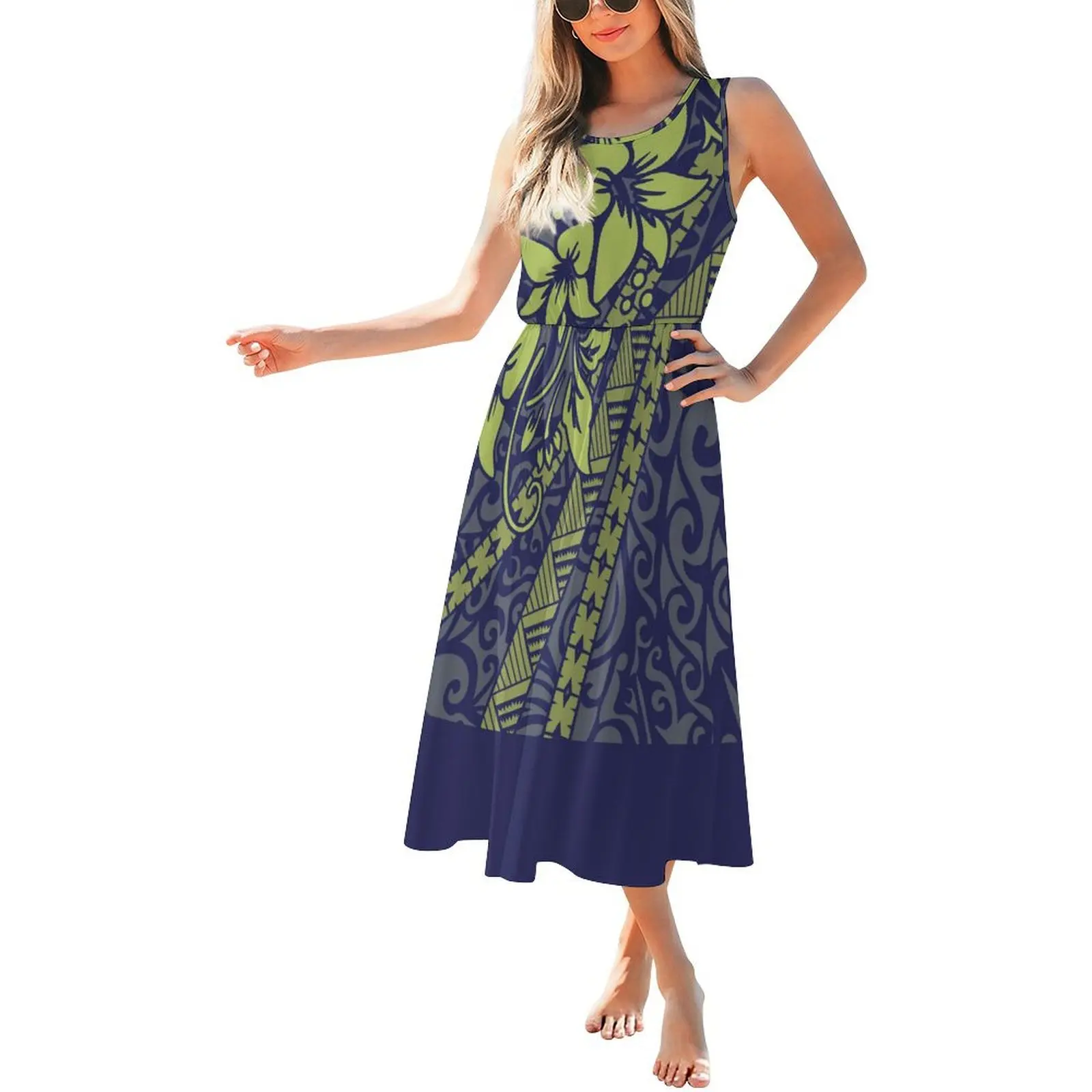 سعر المصنع فستان مخصص للسيدات Pacific Isalnd Art Design أزياء جولة الرقبة بلا أكمام فستان تصميم جزيرة عيد الفصح #4