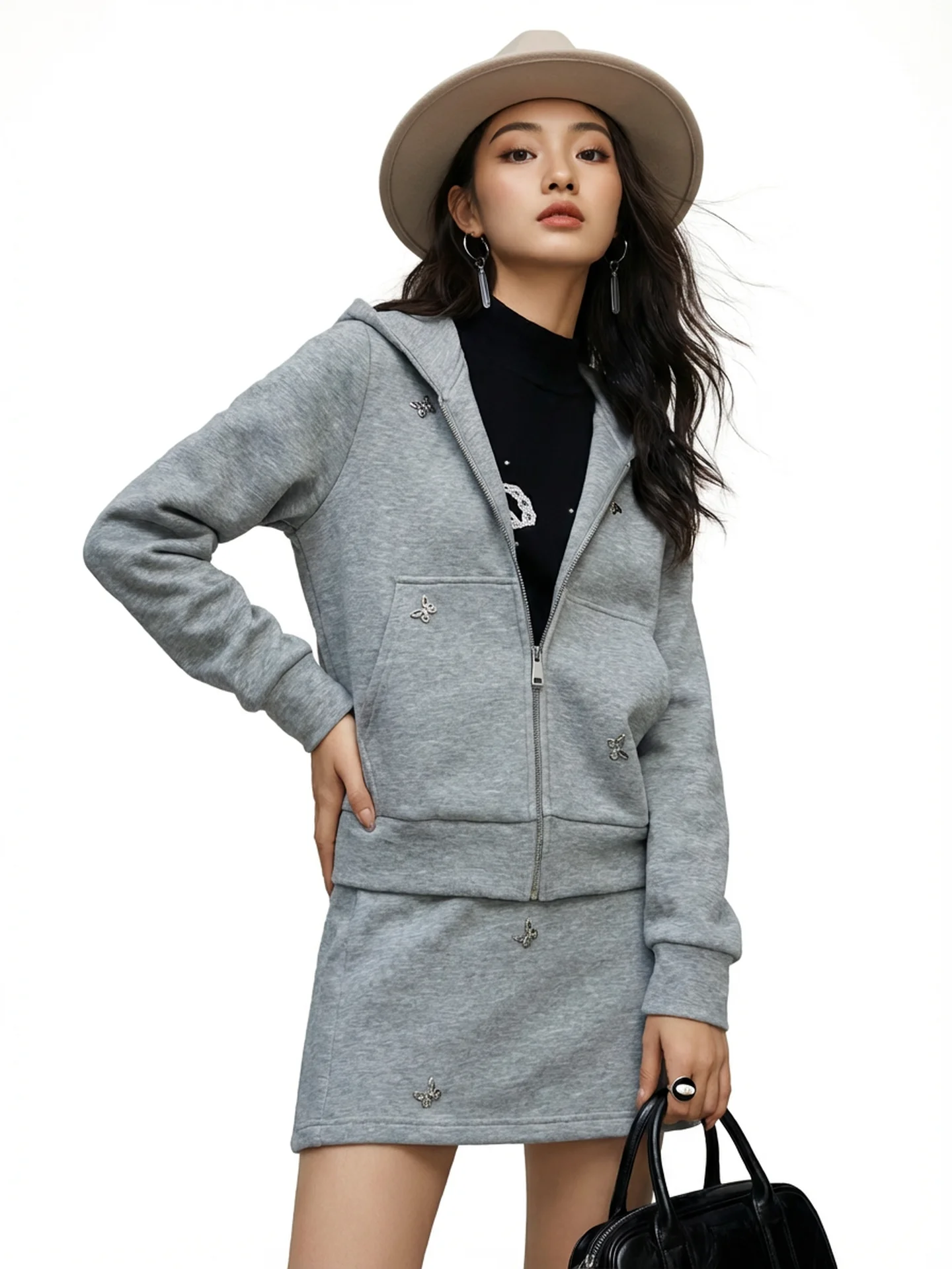 Casual Hooded Zipper Top with  Knot And Skirt Two-Piece Set Women's Autumn Spring Cotton Long Sve Faion Ensemble