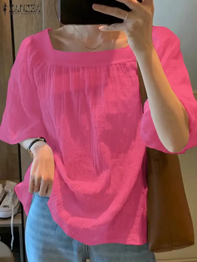 ZANZEA Women Chiffon Blouse Korean Fashion Puff Half Sleeve Blusas 2024 Summer Square Neck Simple Tunic Casual Loose Solid Tops