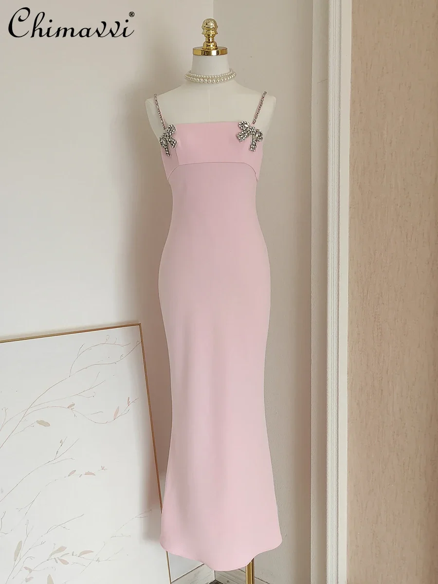 

French Elegant Socialite Diamond Bow Sleeveless Square Collar Backless High Waist Slim Fit Pink Sling Evening Long Dress Women