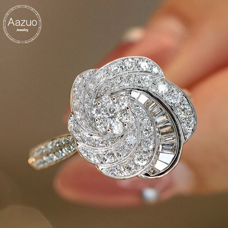 Aazuo 18K White Gold Natrual Diamond 0.7ct Luxury Jewerly Set Flower Rings Gifted For Women  Engagement Halo anillos mujer Party