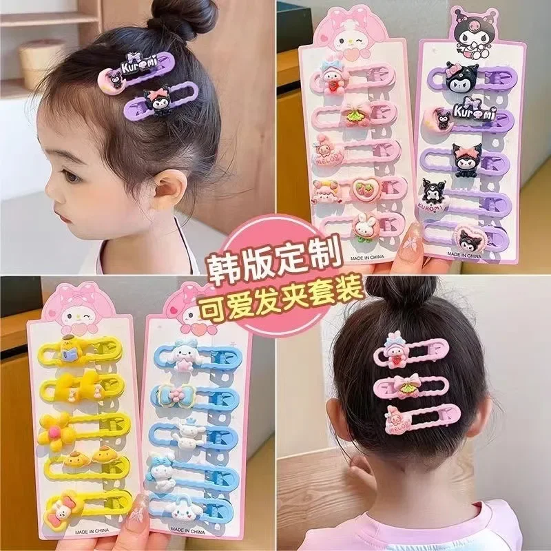 5 buah klip rambut Sanrio Hello Kitty untuk wanita lucu kartun Kuromi Cinnamoroll mode Gadis bebek klip hadiah Aksesori rambut