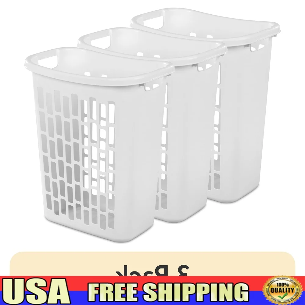 

3 Pack Rectangular Laundry Hamper Plastic 8 Bushel Capacity Ventilated Design Comfortable Handles Slim Profile Easy Cleaning