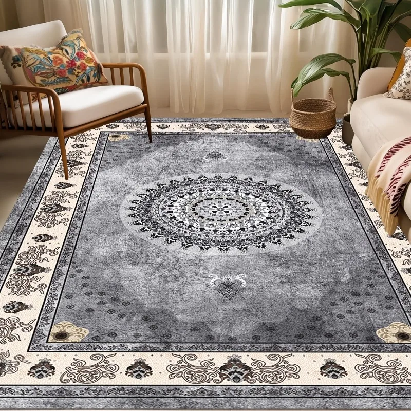 Grey Boho Flannel Carpet Soft Non Slip Floor Rug Vintage Distressed Pattern Home Decor Mat for Living Room Bedroom Floor Decor