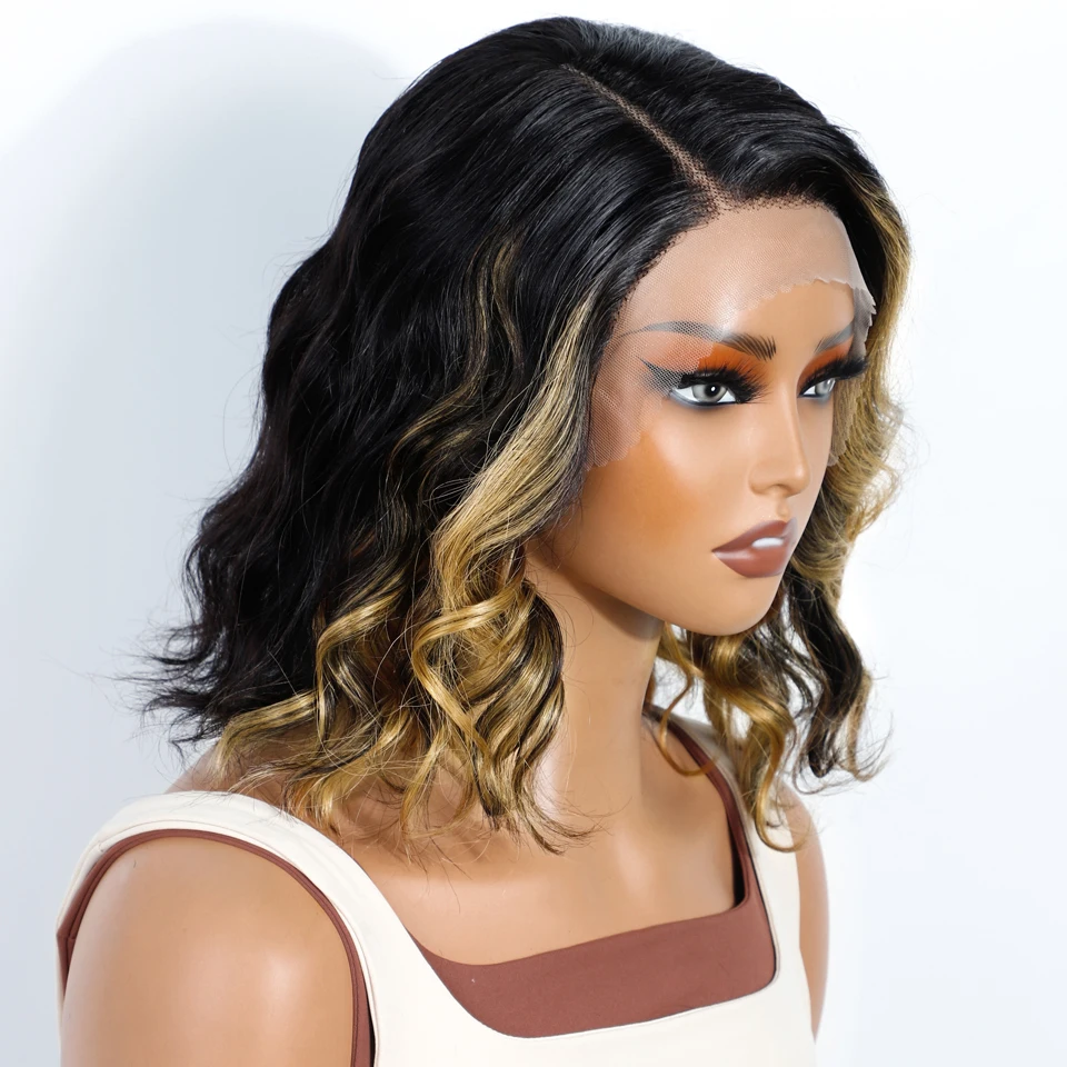 Eleganckie, krótkie peruki bob z włosów naturalnych dla kobiet, blond peruki typu lace front, brązowe peruki typu bodywave z koronką, peruka w kolorze 99J czerwonej.