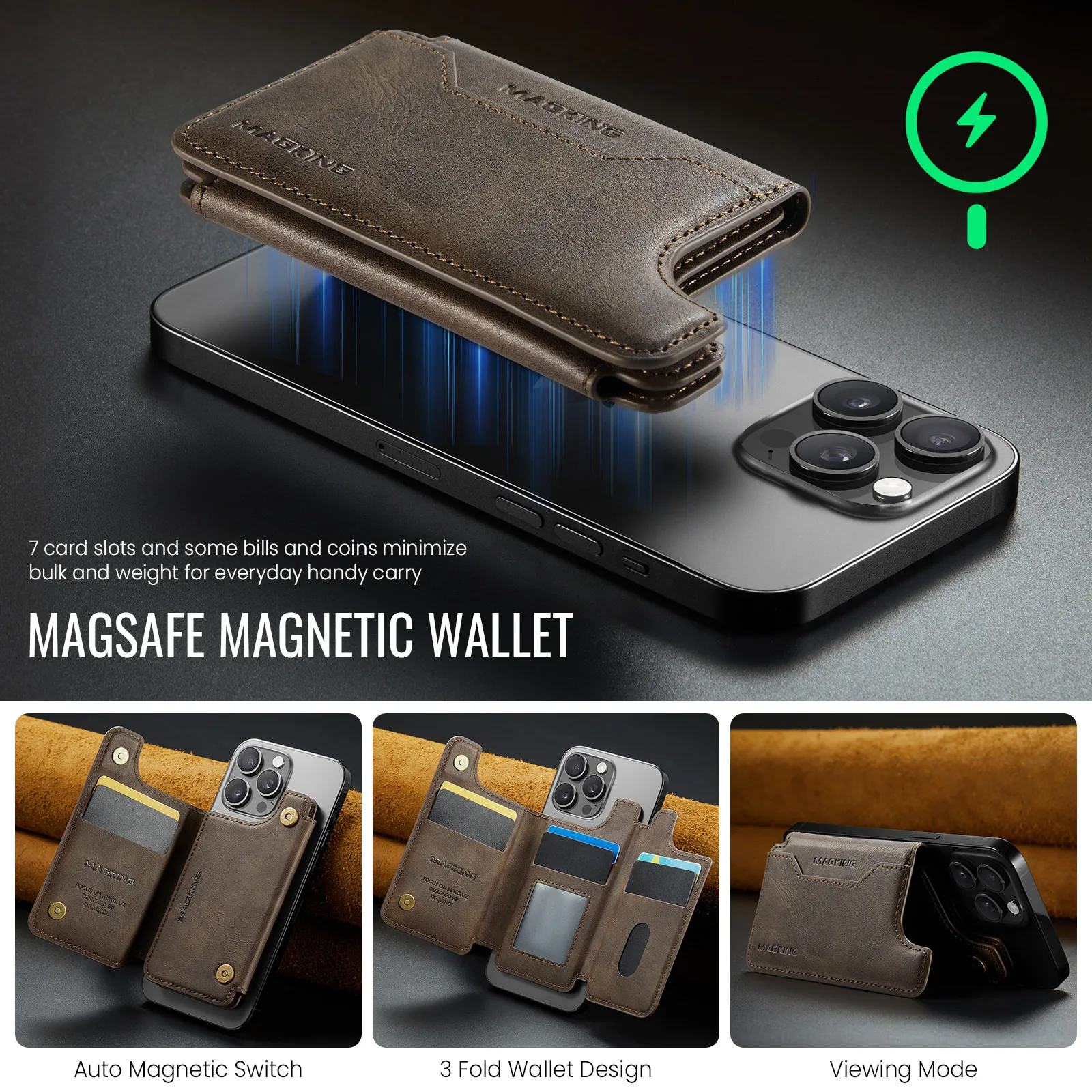 

Magnetic Card Holder Leather Wallet Stand for Samsung S25 S24 S23 Ultra Tripod Foldable Mag-Safe for iPhone 17 16 15 Air Pro Max