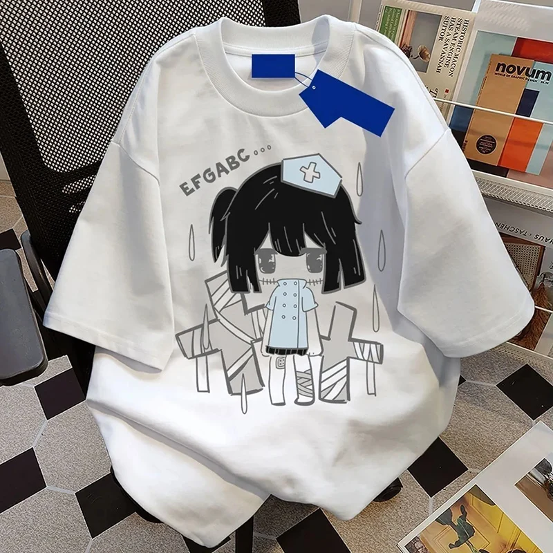 Japanese Sweet T Shirt Women Summer Kawaii Cartoon Print Loose Casual Tees Cute Pure Cotton Sports Preppy Fashion Baggy Tops