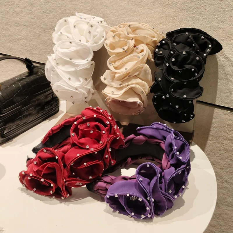 

Wide Edge Headband Lotus Leaf Edge Floral Diamond Hair Hoop Sweet Wash Face Fabric Hairpin Women Hair Accessories and Headwear