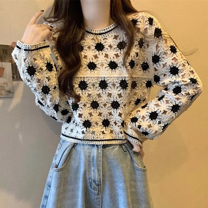 Boring Honey New Design Color Matching Blouse Crocheted Hollow Pullover Blouse Khaki Black T-Shirt All-Match Slim Top  Women