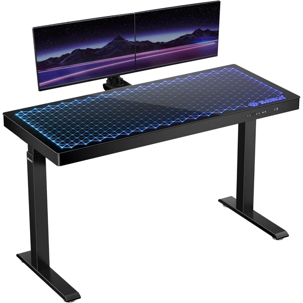 

Gaming Desk RGB Lights Height Adjustable 55 Inch Computer Table Home Office Standing Desk Glass Desk Music Sensing
