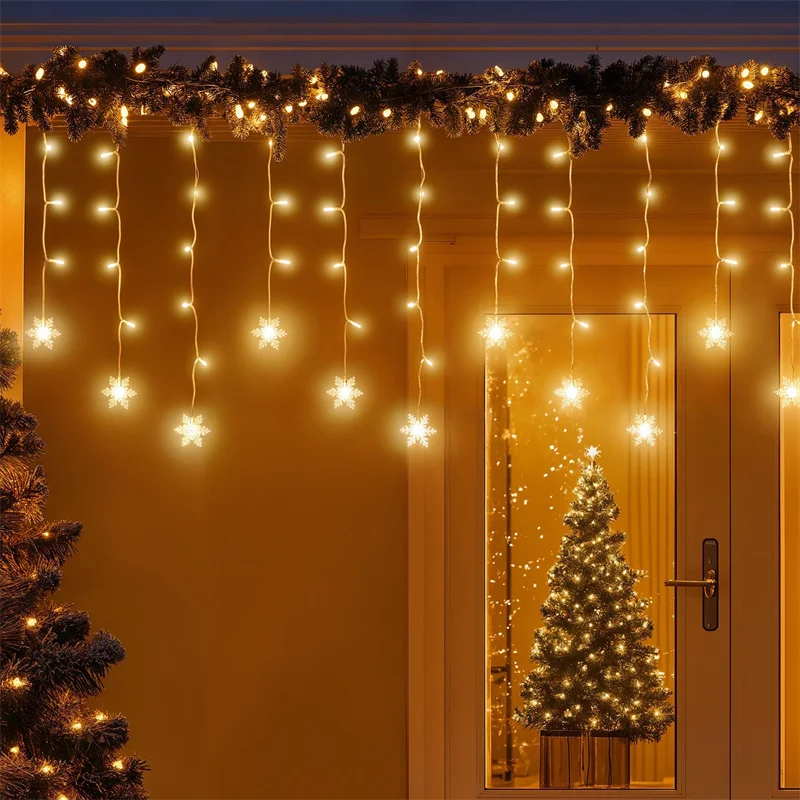 220V EU Plug LED Christmas Snowflake String Light 8 Modes Ice Pillar Curtain Light Street Garden Indoor Decorations for Home