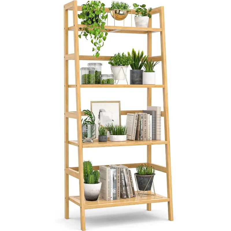 

Bamboo Bookshelf 4-Tier Ladder Shelf, 49.2” Freestanding Open Bookcase Book Shelf Bathroom Storage Shelf Unit Plant Stand