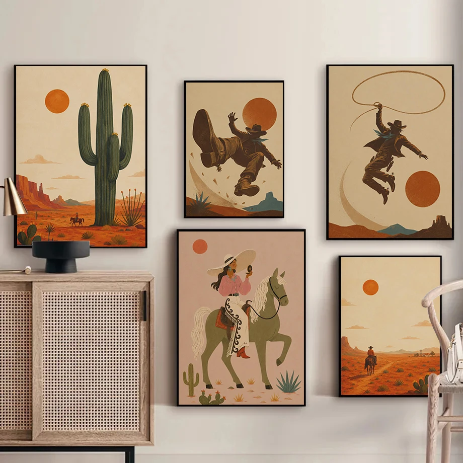 Saguaro Sunset Wild West Posters Cowboy Gunslinger Retro Desert Modern Prints Canvas Painting Wall Art Pictures Home Room Decor