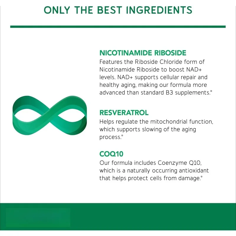 NAD capsules 300 mg of nicotinamide ribonucleoside, coenzyme Q10, resveratrol, which support healthy aging and cellular energy