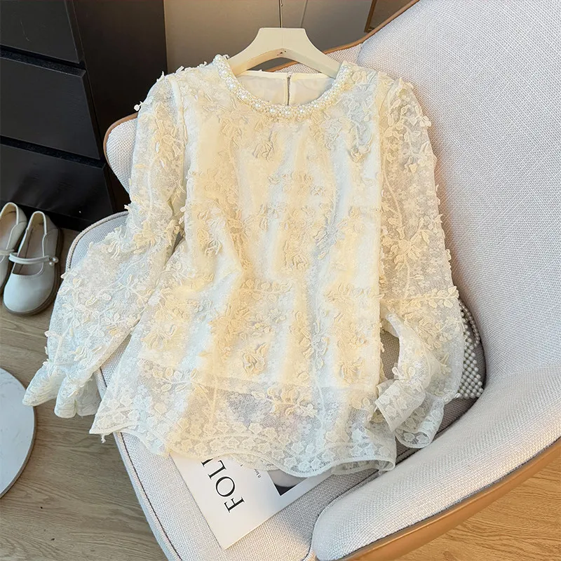 

Женская рубашка с длинными рукавами и цветочной вышивкой, весна-осень 2026, новые кружевные топы во французском стиле с бисером, свободный ажурный пуловер