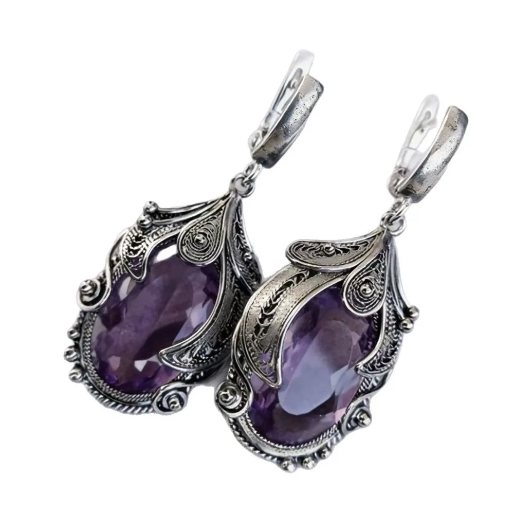 Silver-Plated Metal Zircon Drop Earrings Ornate Inlaid Oval Zircon Stone Long Drop Earrings Long Dangle Statement Earrings