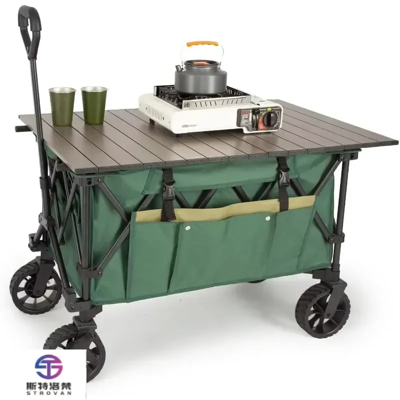STLF All-in-One Camping Wagon & Table Combo-Foldable Four-Wheel with Storage Pockets for Camping Essentials Shopping &