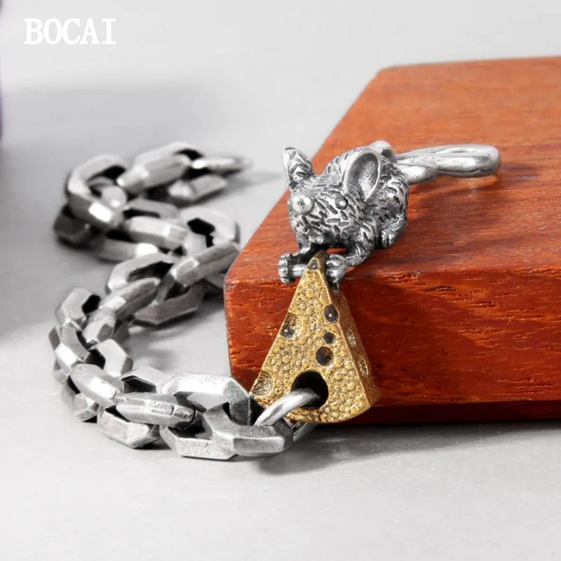 BOCAI New S925 Sterling Silver Retro Old Personality Mouse Cheese Too Horn Chain Men And Women.