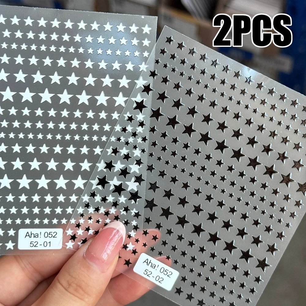 

2Sheets Y2k Five-Point Star Nail Stickers Black+White 3D Pentagram Nail Art Decals Self-Adhesive Star DIY Manicure Sticker Decor