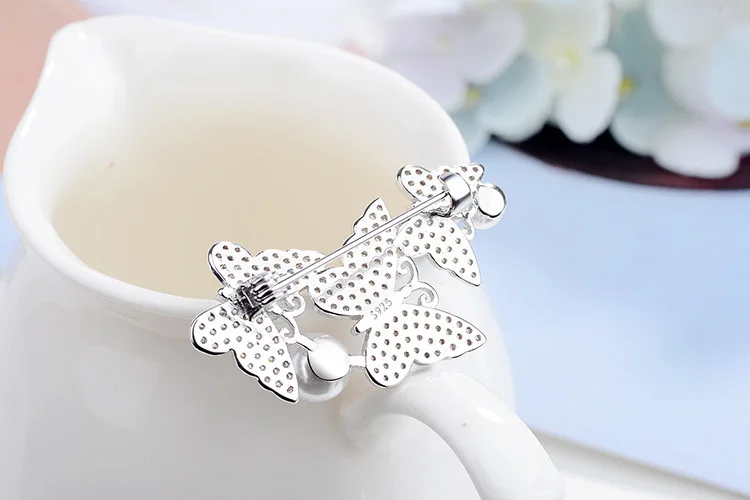 Luxury Butterfly Pearl CZ Crystal 925 sterling silver Brooches for Women Wedding Suit-coat Insect Broches Pins Party Jewelry