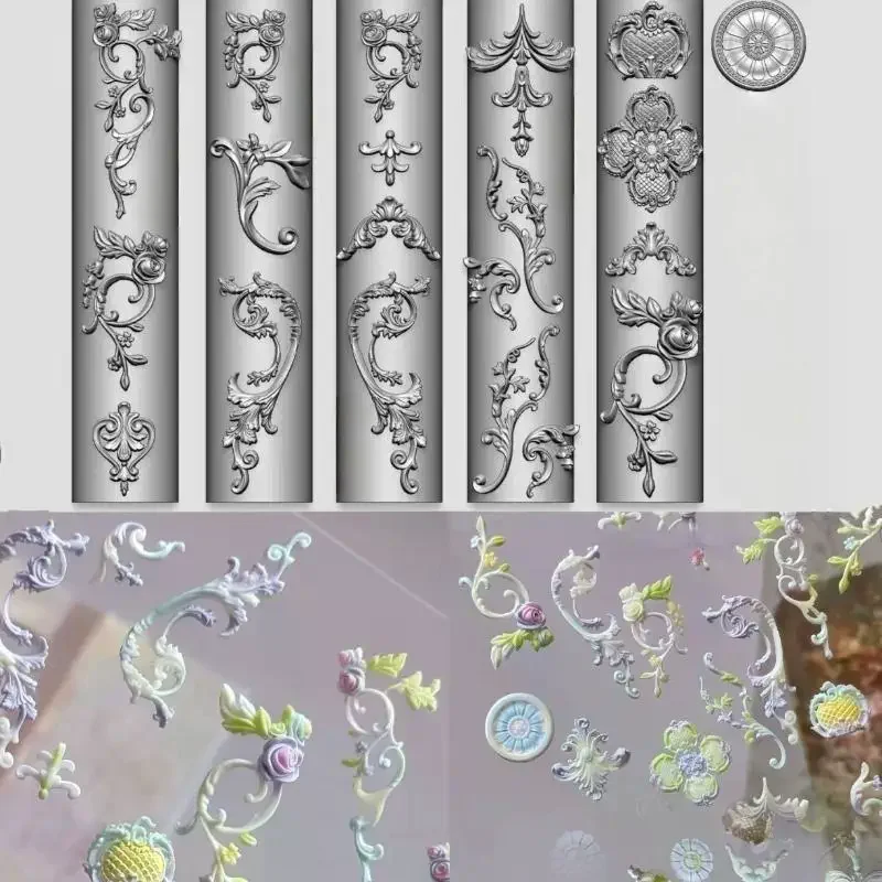 1/6Pcs 3D Silicone Nail Art Mold Retro Flower Vine Chinese Knot Transparent Reusable Carving DIY