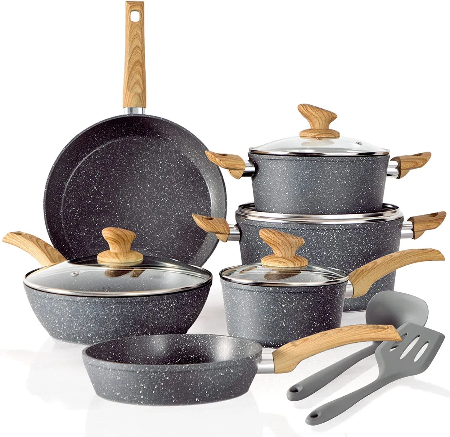Conjunto de panelas marteladas com 12 peças Conjunto de panelas e frigideiras revestidas de granito antiaderente cinza