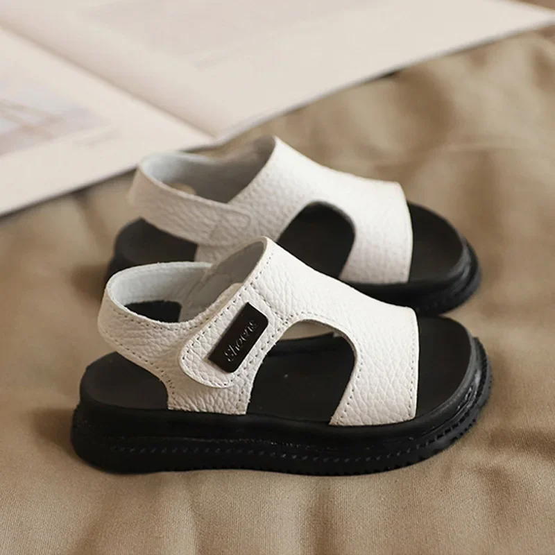 Boys Sandals Summer Children Soft Sole Non-slip Beach Shoe Black PU Leather Flat Sandals Fashion Comfortable Platform Kids Shoes