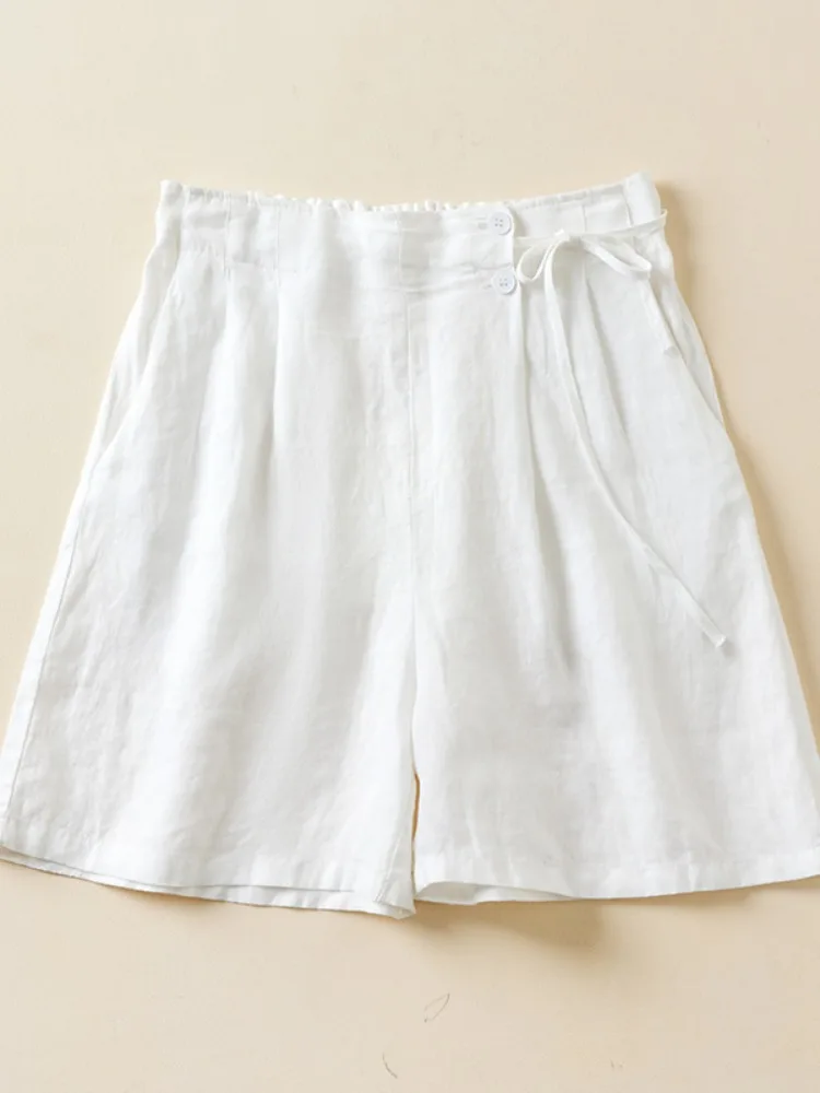 ارتفاع الخصر القطن الكتان مستقيم الساق ort السراويل النسائية Faion عادية مكافحة الشيخوخة خمسة أجزاء الأزرق الخصر تصميم orts