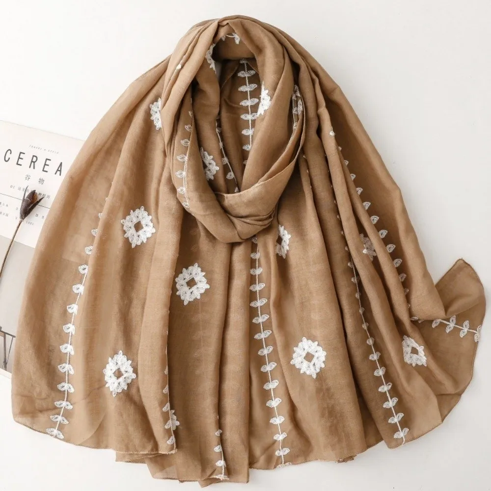 

Повседневный длинный шарф с цветочной вышивкой, тонкая мягкая шаль, однотонные хиджабы-платки