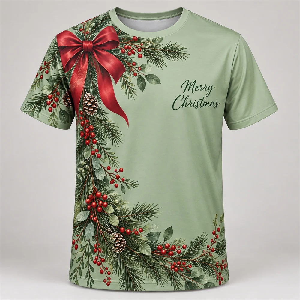 Merry Christmas Holly And Pine Cone Graphic T Shirt For Men Women Elegant Botanical Print Short Sleeve Festive Casual Top