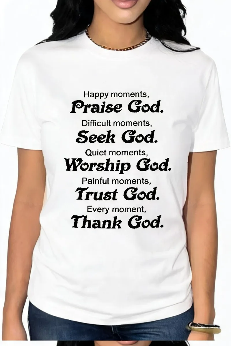 Women 100% Cotton Casual Top Every Moment Thank God Faith Letter Print Crew Neck Christian Inspirational Short Sleeve Tee