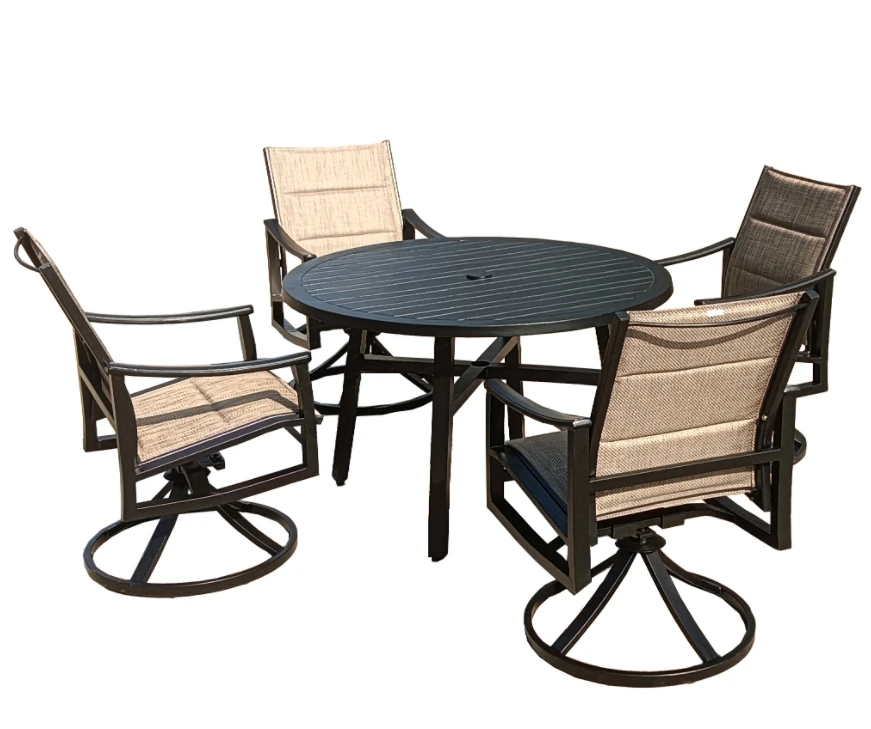 

New Arrival 5pcs Modern Dining Set Padded Swivel Chairs Aluminum Table for Dining Kitchen Hotel Villa Outdoor Furniture
