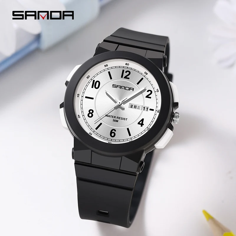 Luxury Brand SANDA Quartz Movement Watch Fashion Calendar Week Display Quartz Watches For Women Men Simple Dial Man Clock