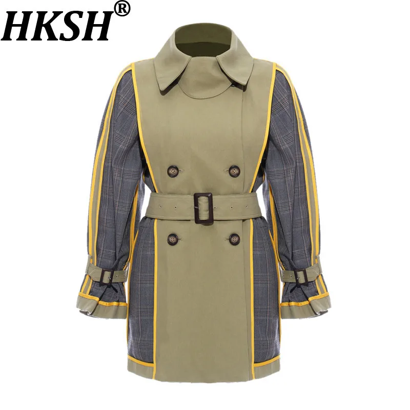 

HKSH Windbreaker For Women Autumn Winter New Double Breasted Patchwork Plaid Reversible Elegant High Street Trench Coats HK10738