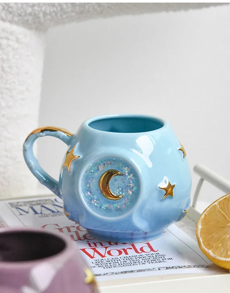 Ceramic Starry Sky Cup Sparkling Cup with High Appearance, Colorful Stars, Creative Birthday Gift, Mug with Hand Gift, Water Cup