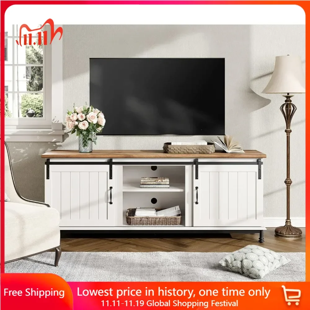 

TV Stand,65 Inch,for 70 Inch TV, with Sliding Barn Door,with Storage Cabinet & Adjustable Shelf, Wooden TV Console