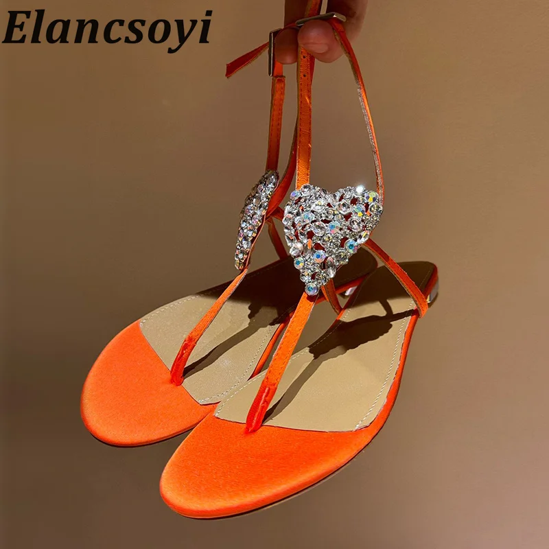 

Summer Real Leather Flip Flops Ankle Strap Sandals Women Shiny Crystal Heart-Shaped Flat Bottomed Sandalias Party Banquet Shoes