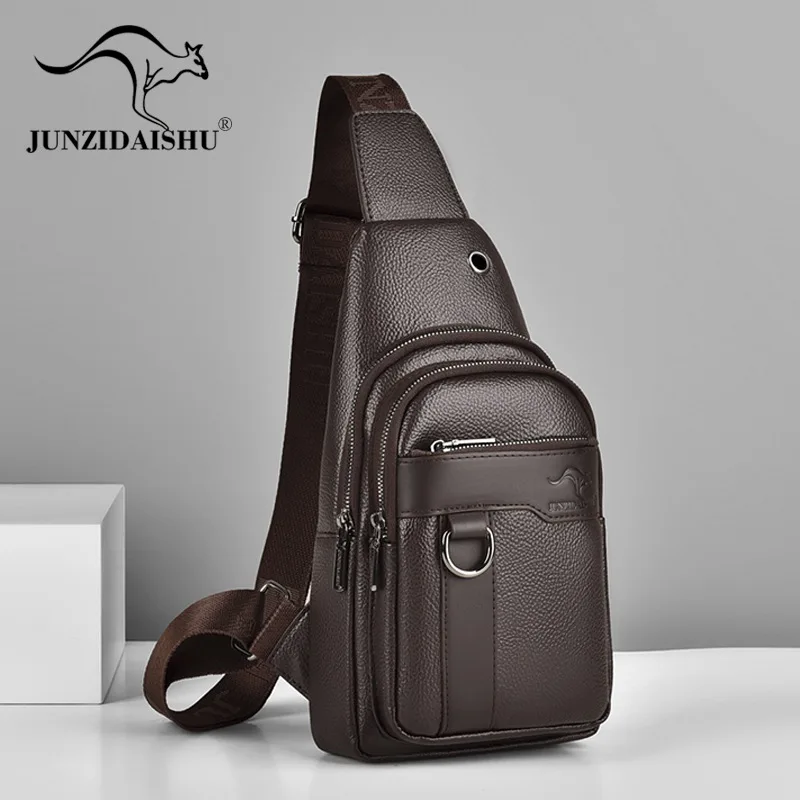 Wear-resistant PU leather men's chest foreskin multi-pocket simple multi-function travel diagonal span backpack