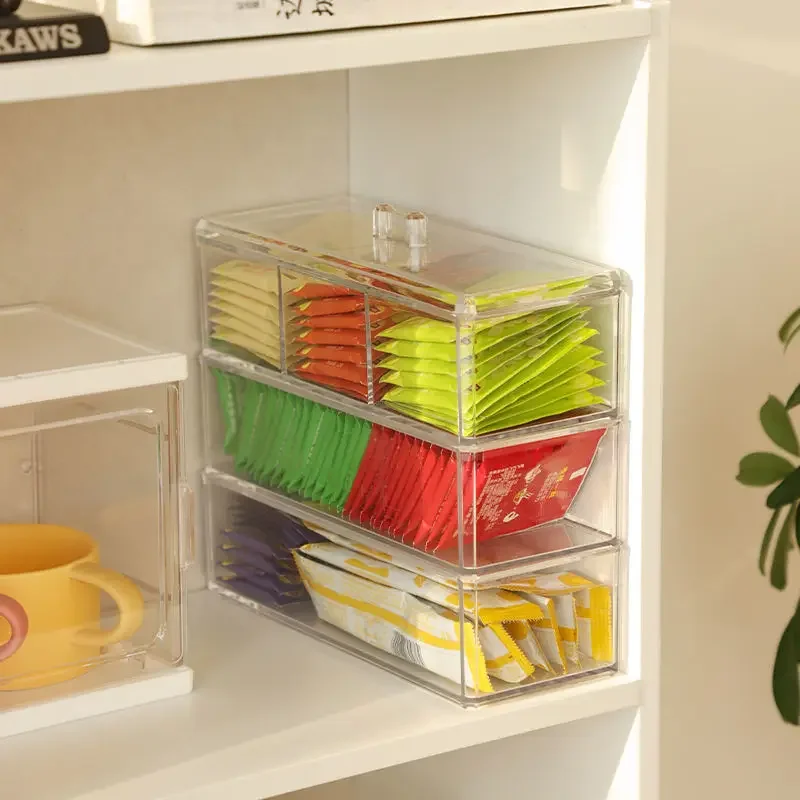 Tea Bag Storage Box Drawer Type Coffee Capsule Sorting Box Sealed Acrylic Storage Jar with Lid Tea Coffee Sugar Container