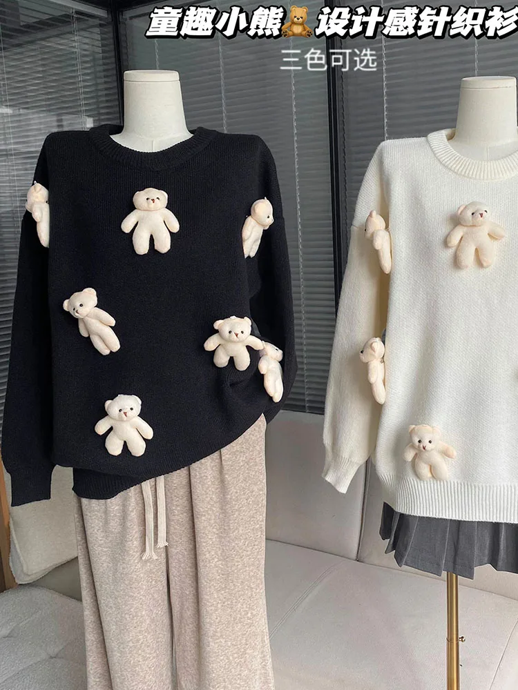 Preppy Style T-Shirts Women Christmas 3D Bear Cartoon Kawaii Long Sleeve Crochet Top Y2K Oversized Knitted Tees 2000s Aesthetic