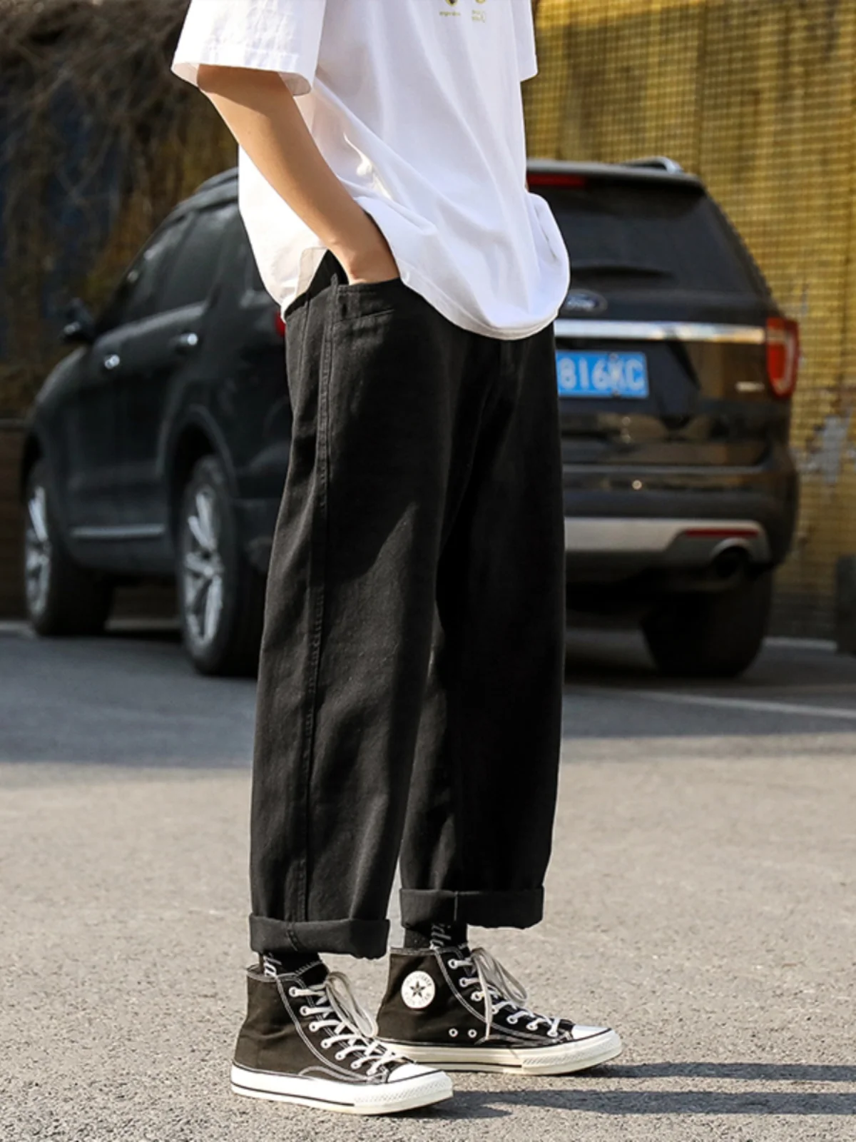 

Men's Casual Straight Leg Pants Faionable Hong Kong Sle Nine Point Loose Workwear Retro Large Size Khaki Color Versatile