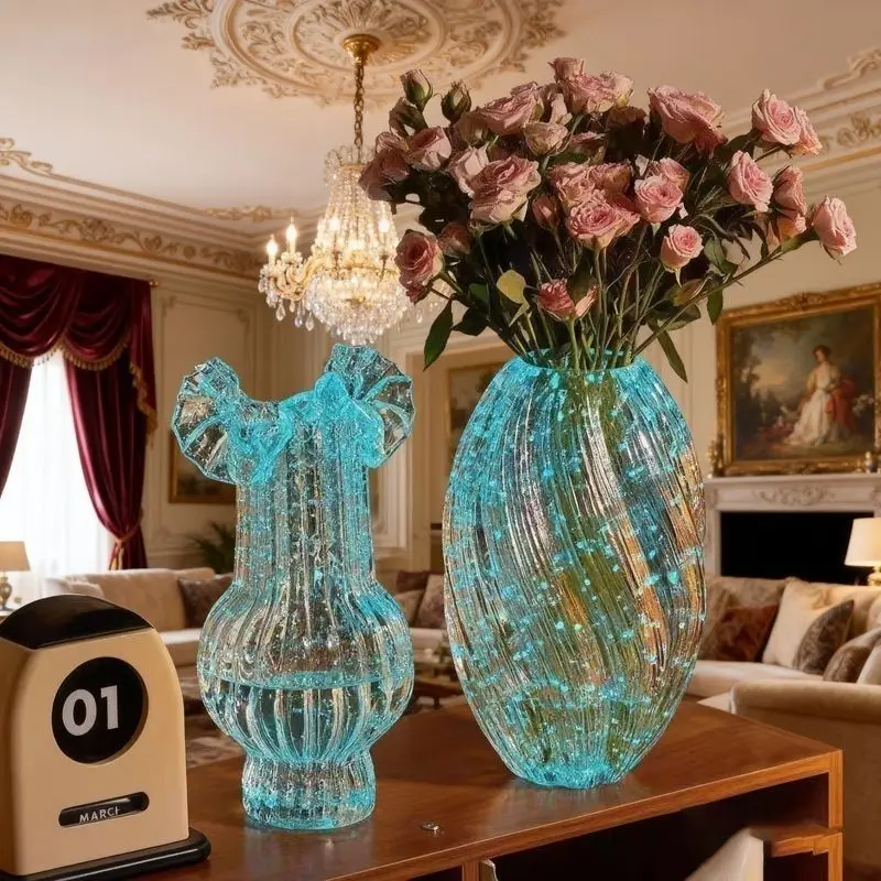 Noctilucent Maltose Crystal Glass Vase,Room Luminous Flower Arrangement Wave Mouth Hydroponic Flower Pot,Home Decor Ornament